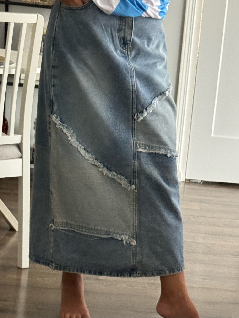Cider Light Blue Patchwork Wide-Leg Denim Skirt - Picture 12 of 12